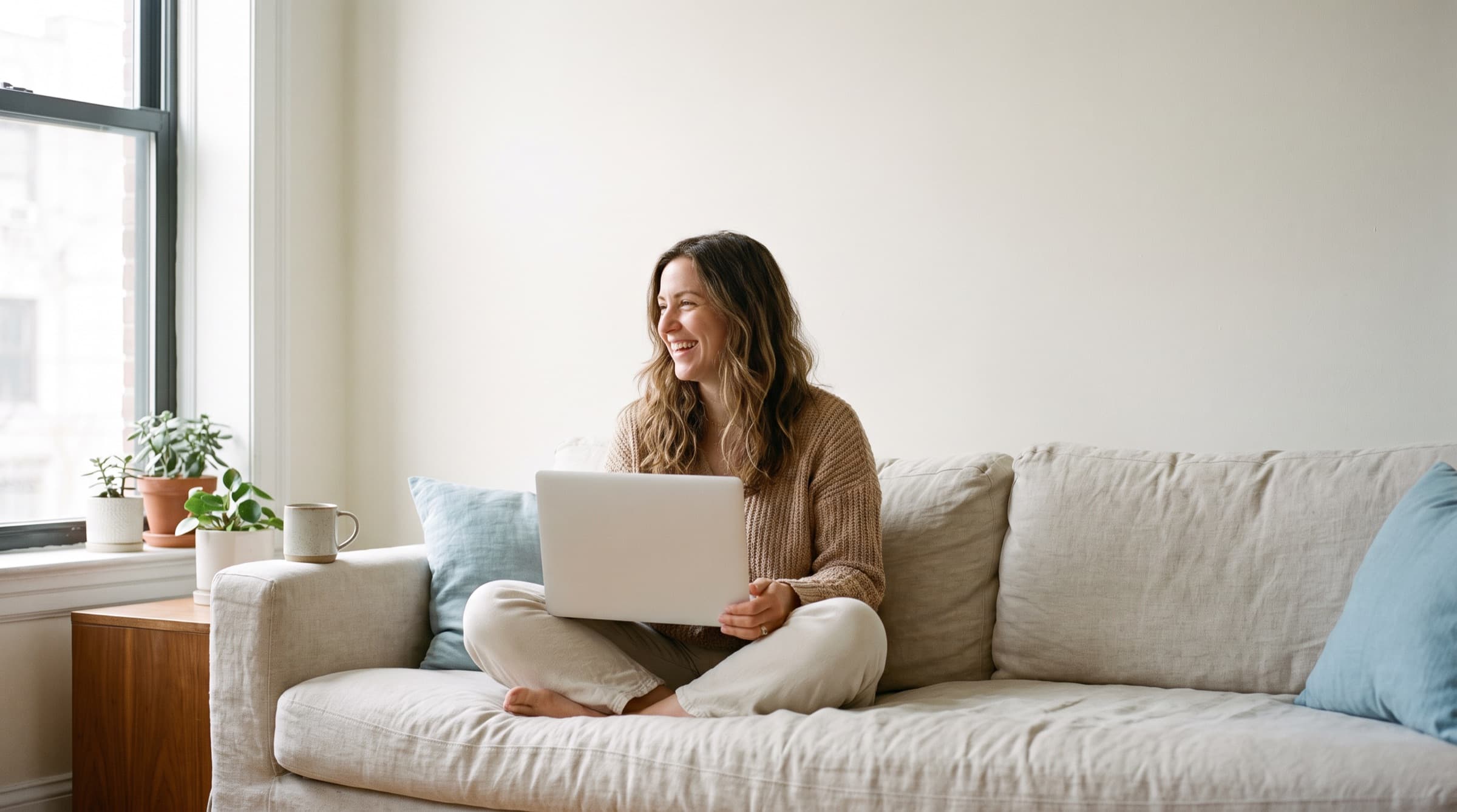 A designer laughing on her sofa with a laptop