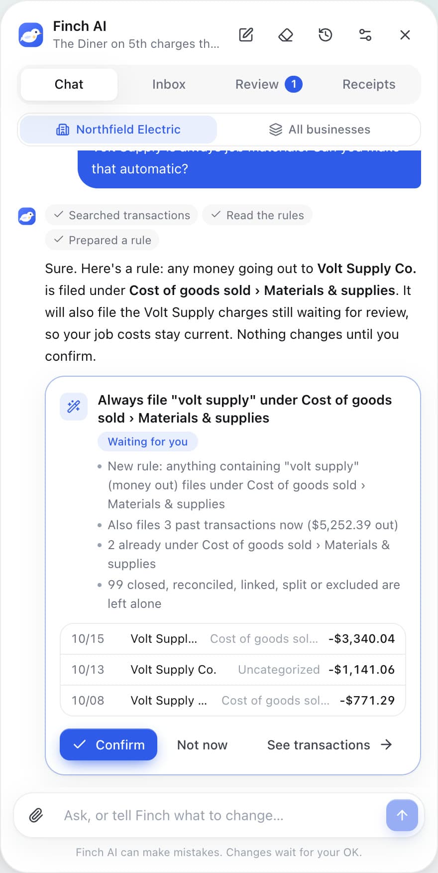 Finch AI proposing a filing rule with Confirm and Not now