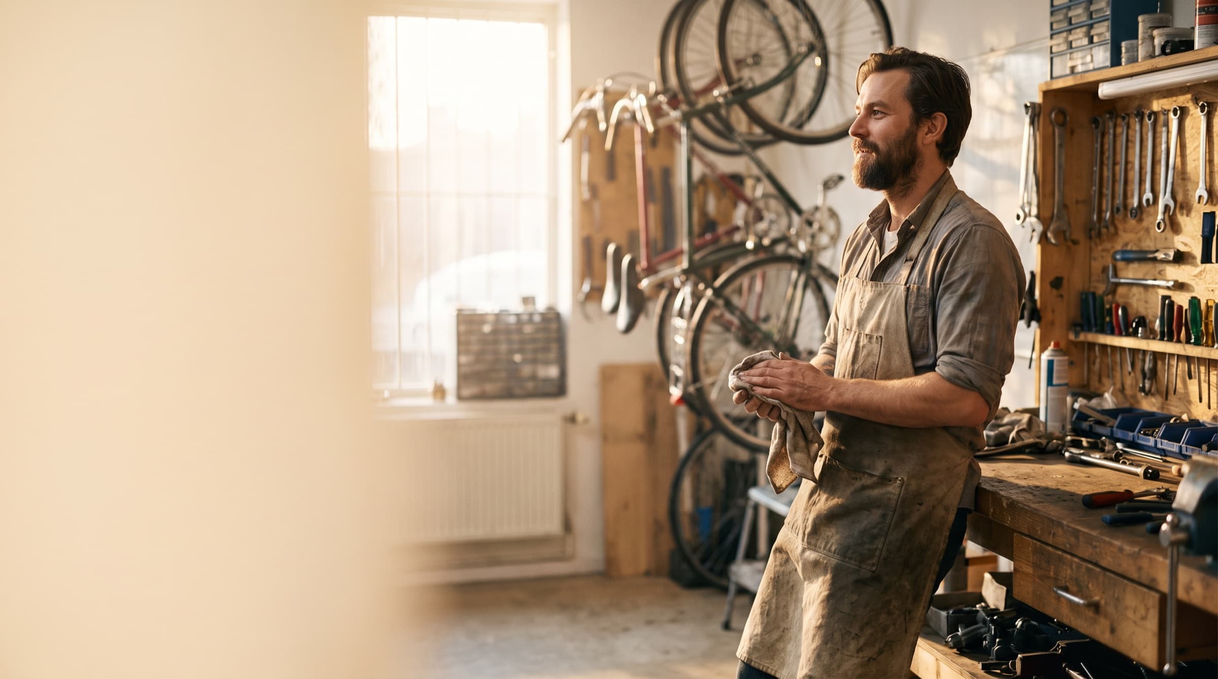 A bike shop owner wiping his hands at the end of the day