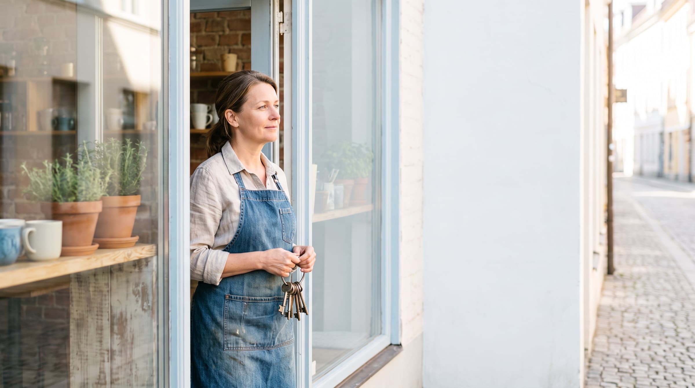 A cafe owner in her doorway holding the keys to her businesses