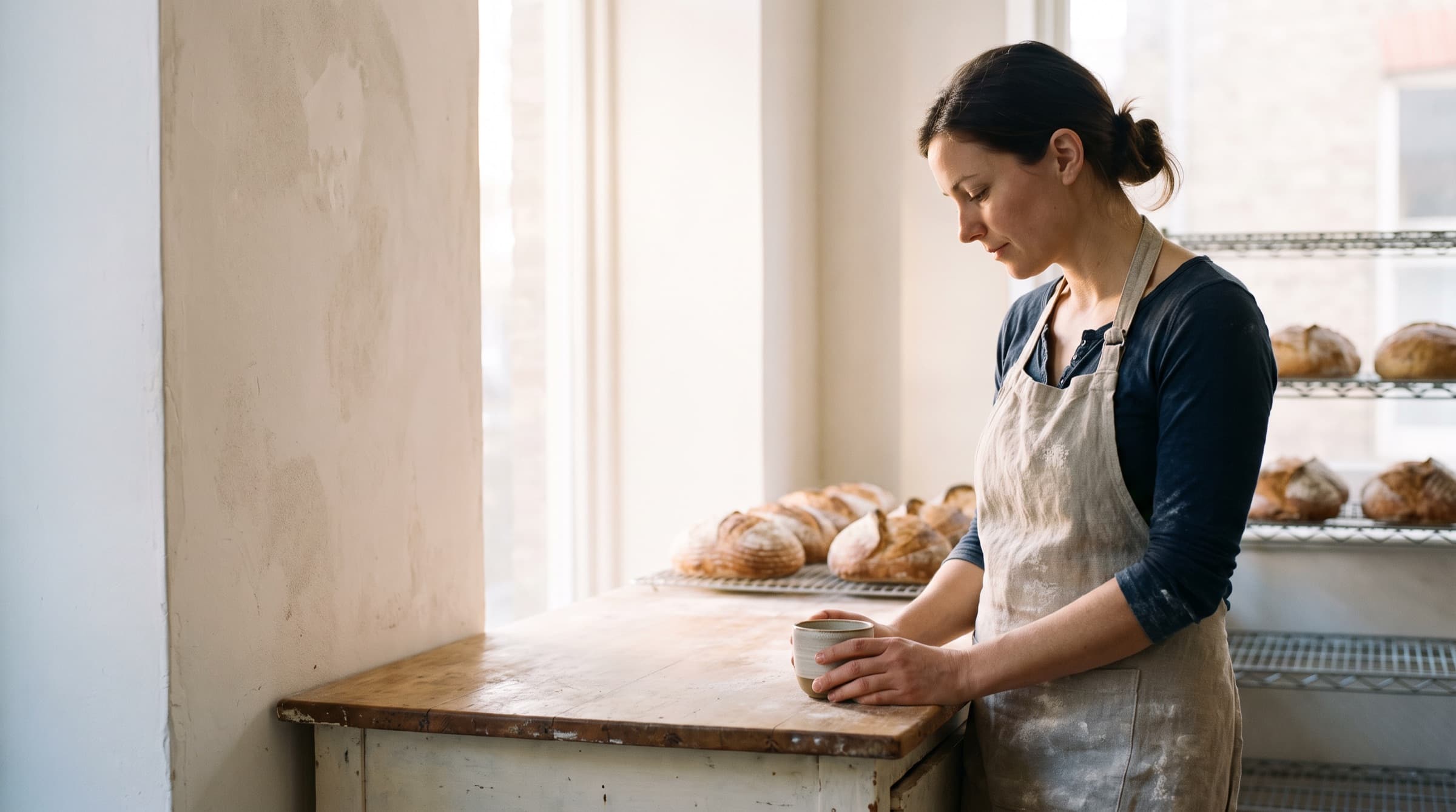 A baker leaning on her counter at sunrise with a cup of coffee