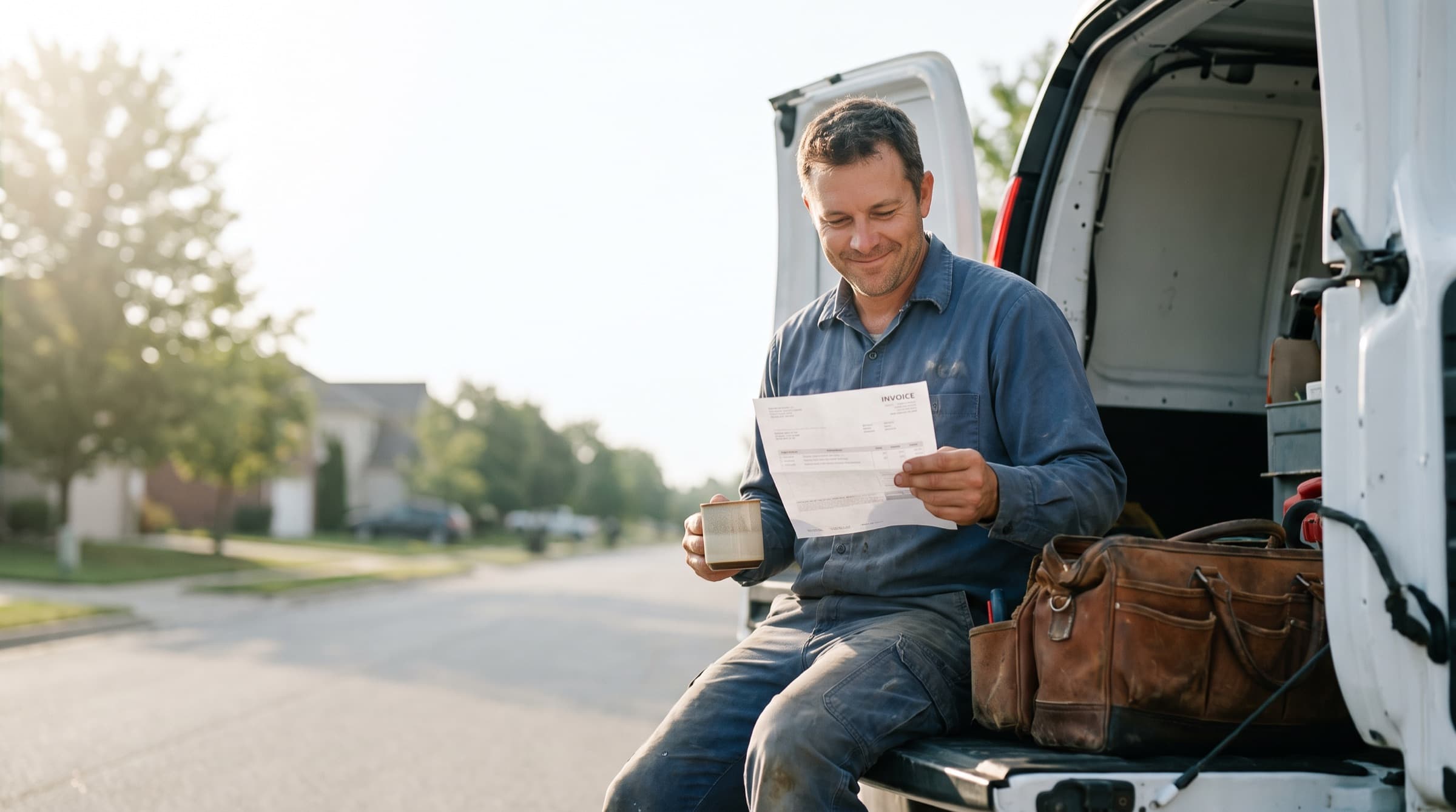 An electrician on the tailgate of his van reading an invoice with a coffee