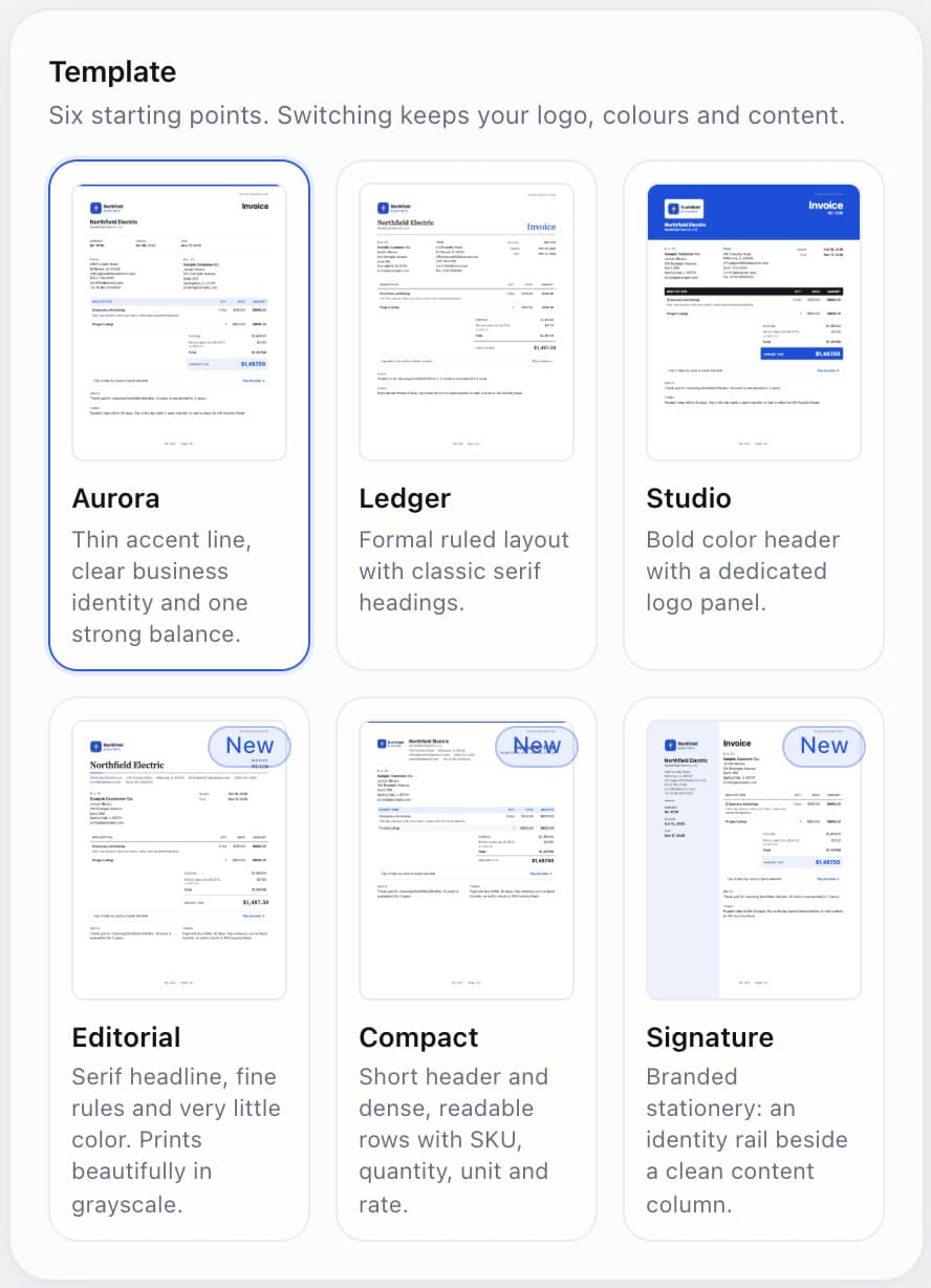 Six invoice templates: Aurora, Ledger, Studio, Editorial, Compact, Signature