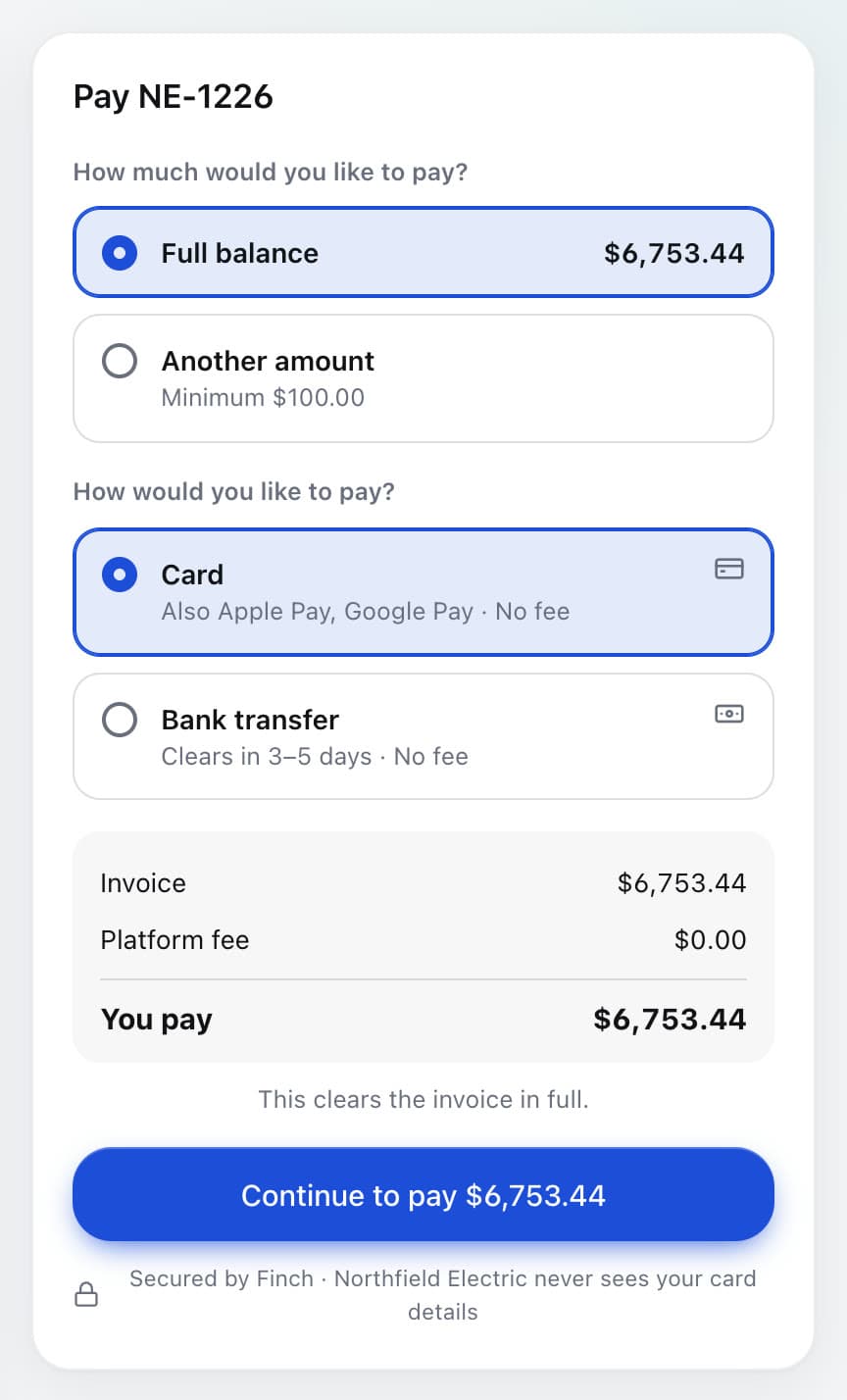Customer pay page with card, Apple Pay, Google Pay or bank transfer
