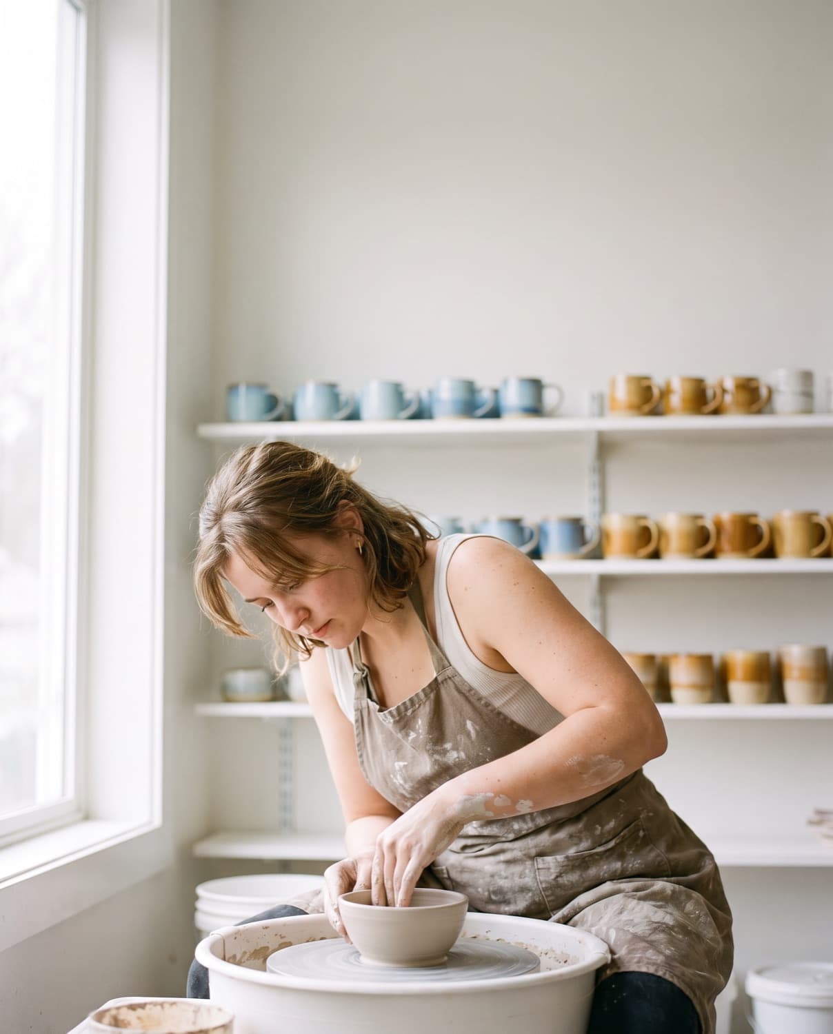 A ceramicist trimming a bowl on the wheel