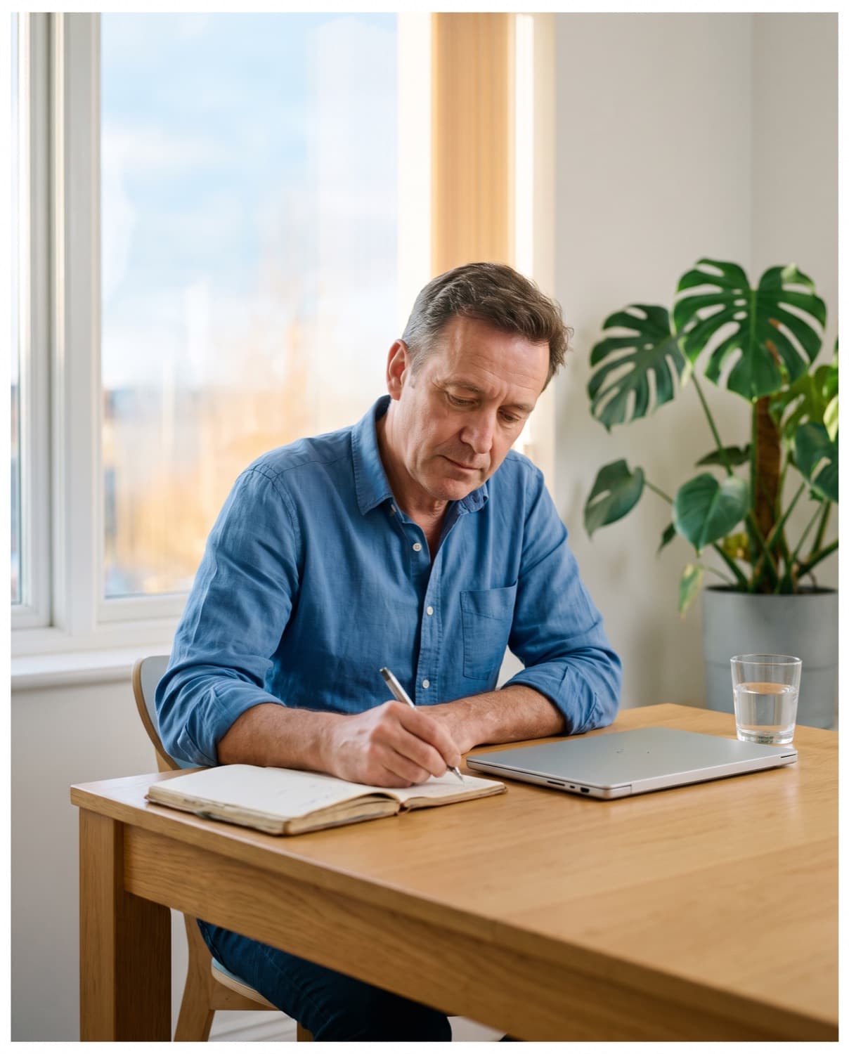 A consultant writing in a notebook at his desk
