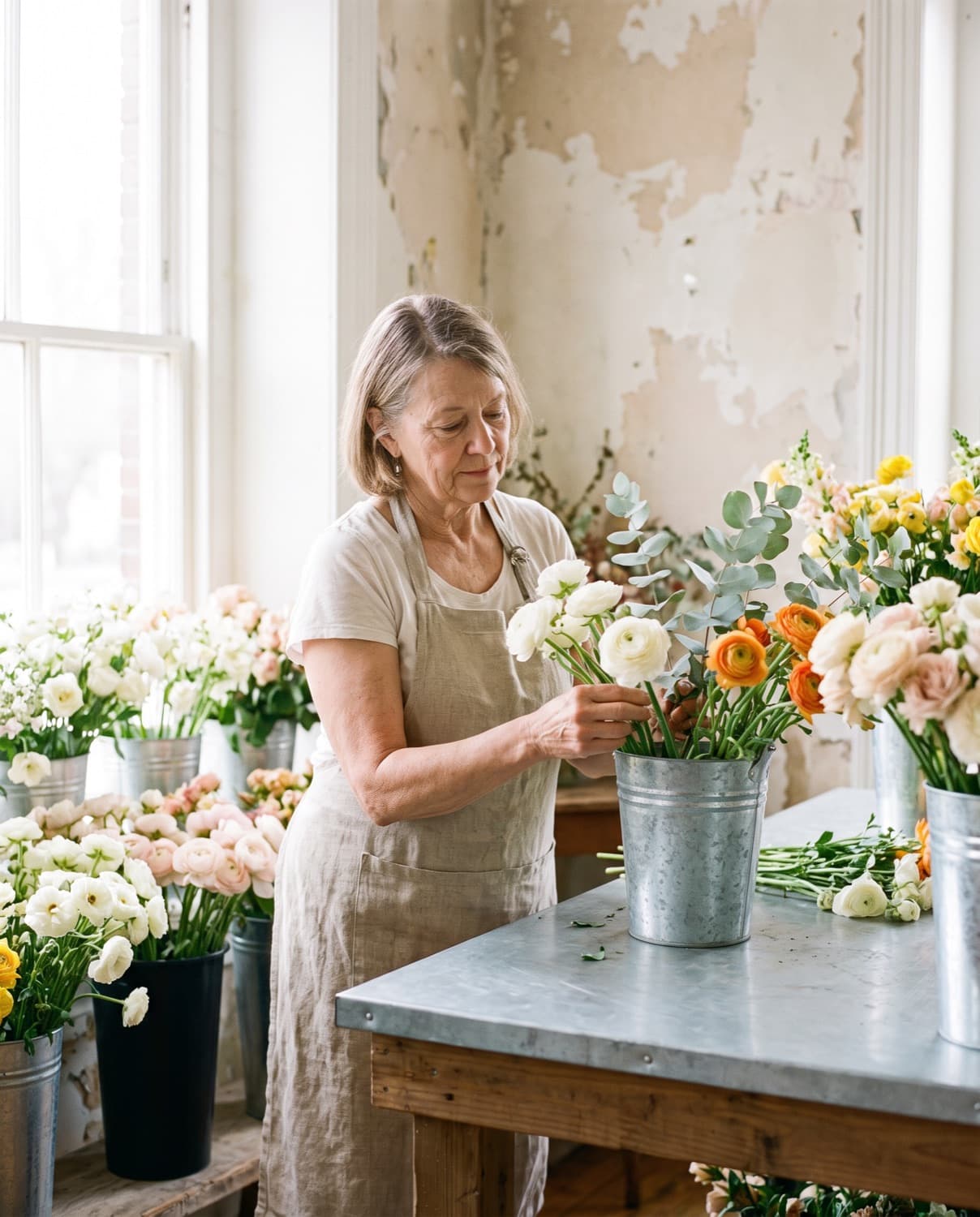 A florist arranging ranunculus in her shop