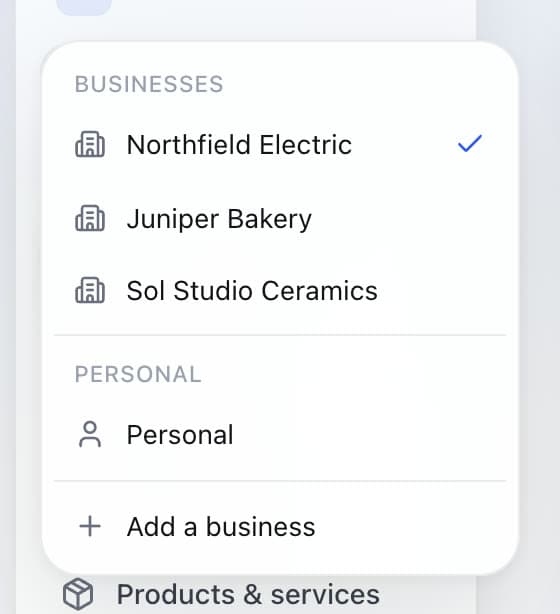 Business switcher with three businesses and Personal