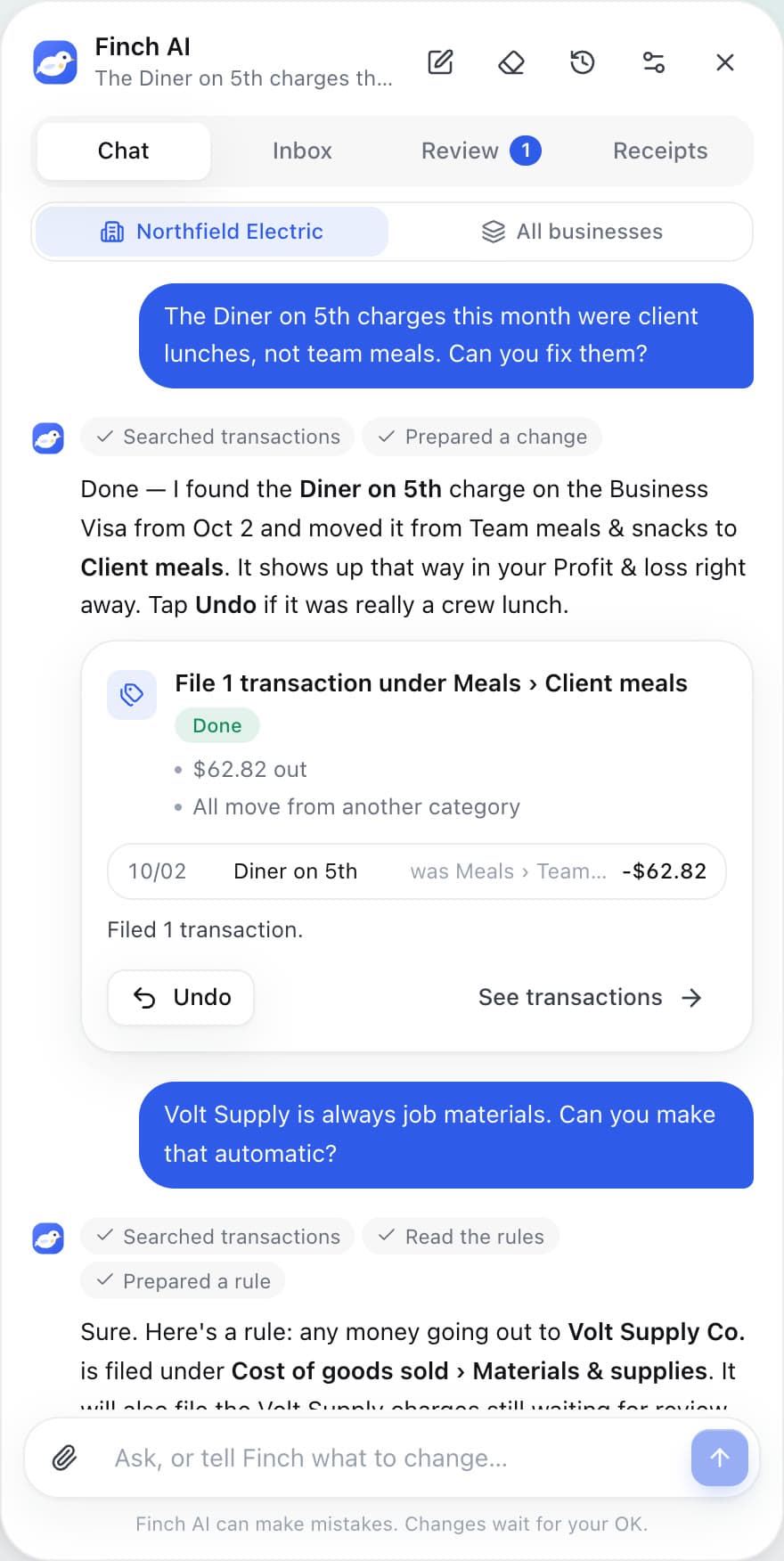 Finch AI chat showing a filed transaction with an Undo button