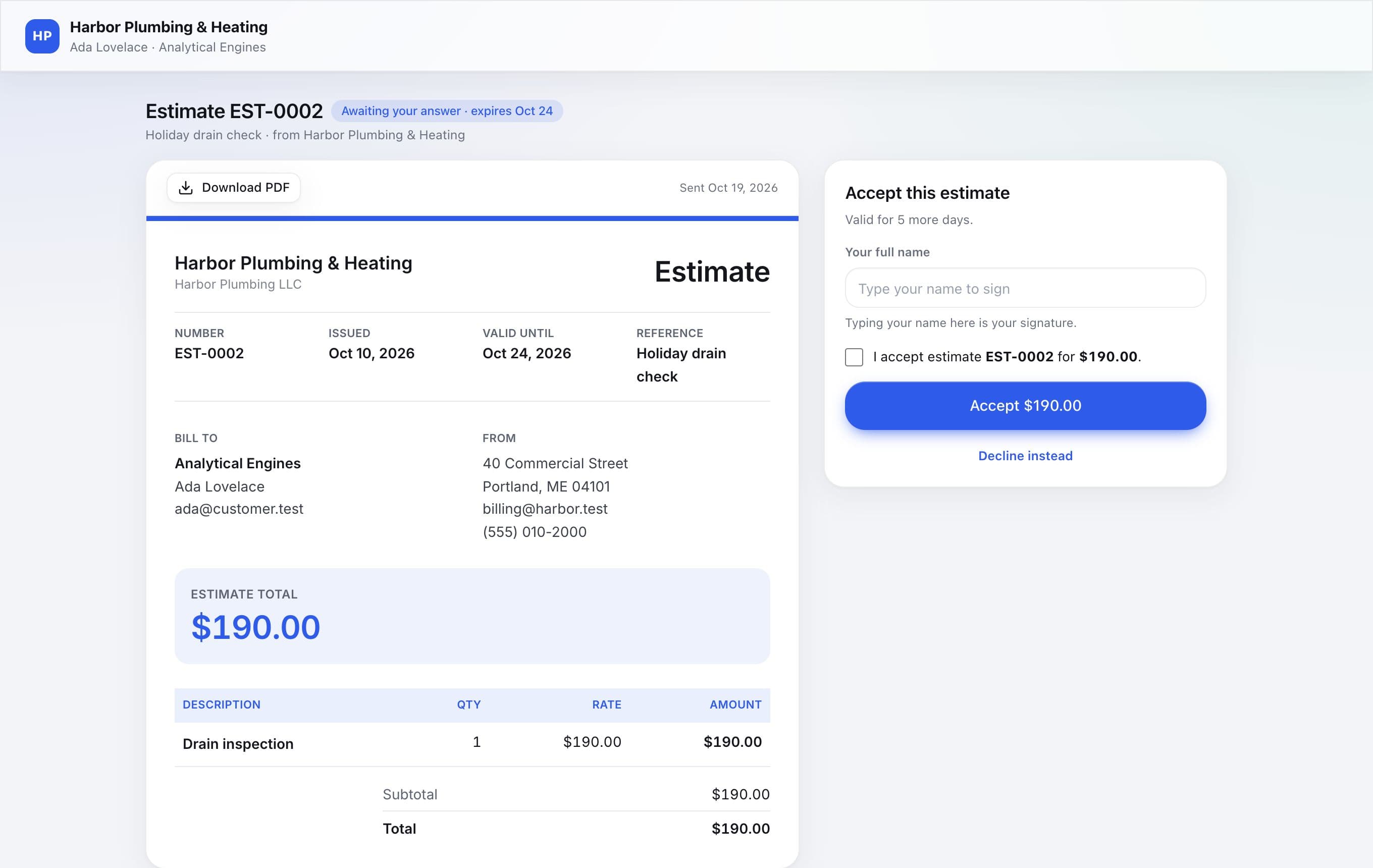 An estimate, as the customer sees it