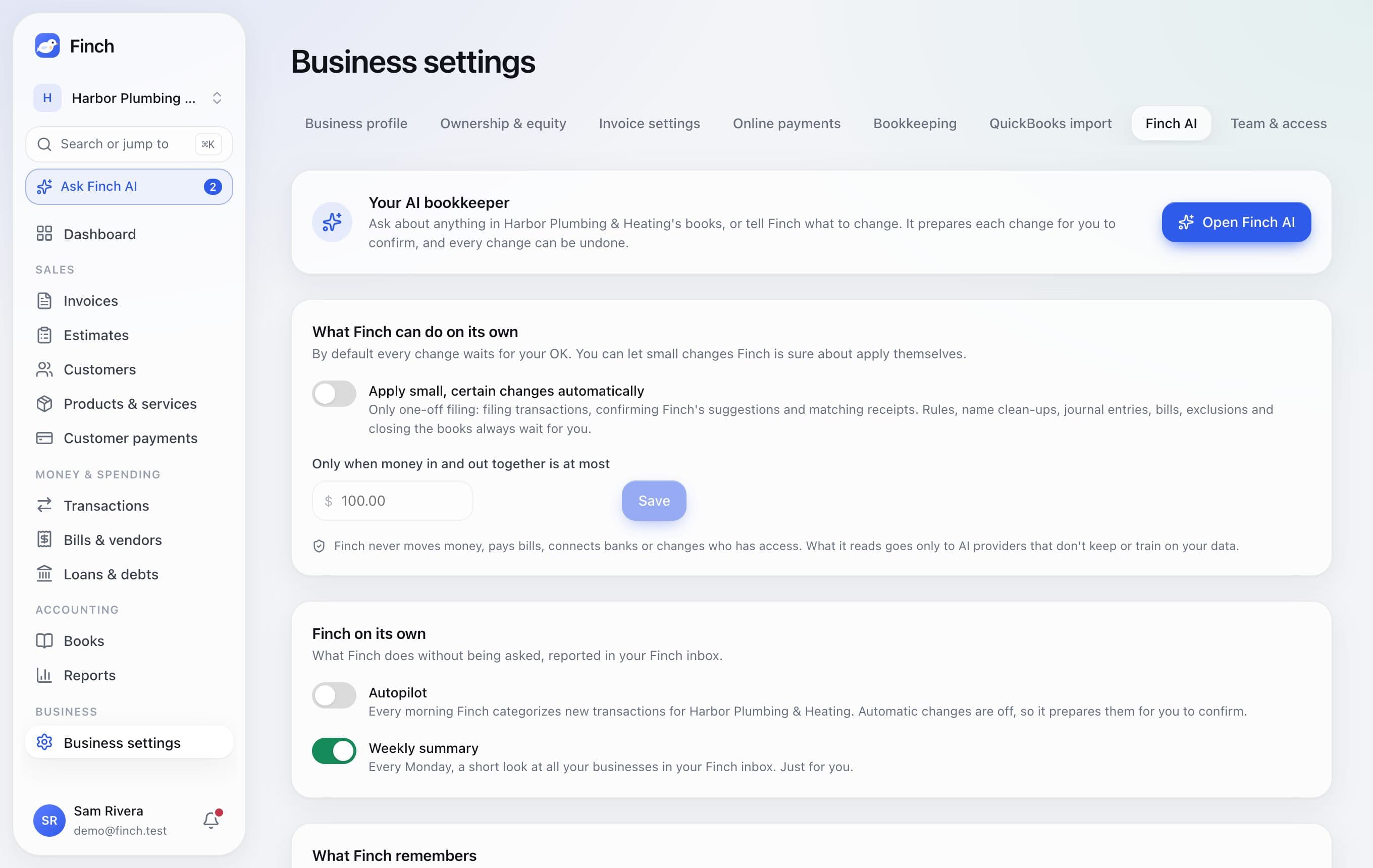 Finch AI settings