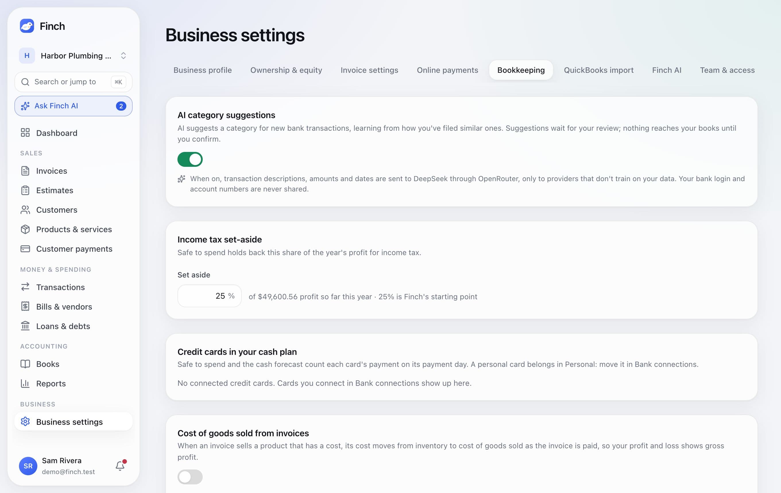 Bookkeeping settings